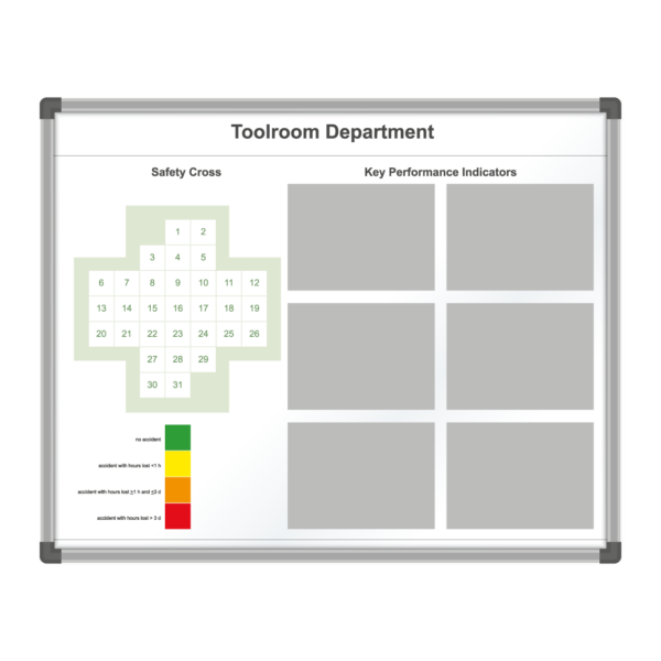 <div class="h4"><B>Rehau Maintenance Department Board</B></div><div class="caption-text">Rehau works in the fields of construction, industry and as an automotive supplier, so safety and performance are key elements to their everyday work. This whiteboard design includes a safety cross, whereby the user can record site safety, The design also provides dedicated space for the placement of A4 paper window holders, which allow Rehau to display and change information when necessary, offering maximum flexibility.</div>
