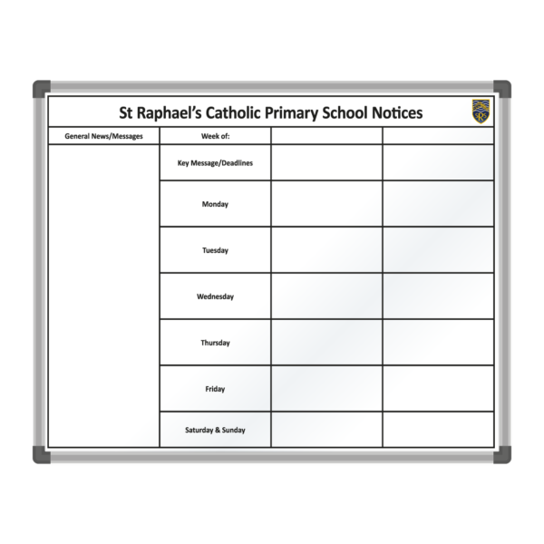 <div class="h4"><B>St Raphael's Staff Notices Board</B></div><div class="caption-text">A <B>120 x 90cm</B> printed magnetic whiteboard with space for weekend work, activities and general news & messages. The board is designed with custom headings as well as the schools crest in the top right.</div>