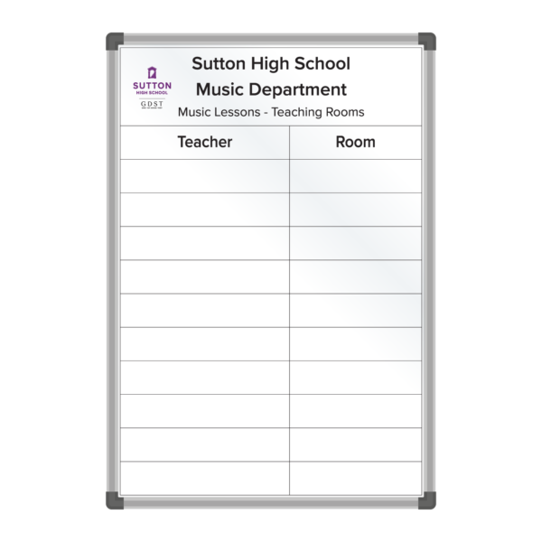 <div class="h4"><B>Sutton High School Music Department Board</B></div><div class="caption-text">Thanks to Magiboards' custom printed whiteboards, Sutton High School will now be able to easily allocate teachers to classrooms - adding, removing and changing the allocations when necessary. This will help organise lesson schedules, as well as inform students of their classroom and teachers. This board measures <B>45 x 60cm</B>.</div>