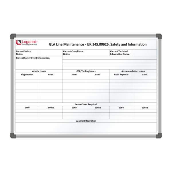 <div class="h4"><B>Loganair Line Maintenance Safety and Information Board</B></div><div class="caption-text">This is a custom printed Safety and Information board created for Loganair. The design allows for safety issues to be raised and tracking of those issues. The board also provides space for general information.</div>