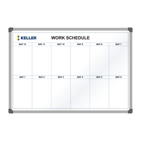 <div class="h4"><B>Keller Work Schedule Board</B></div><div class="caption-text">Custom whiteboard created for Keller and designed to help organise their work schedule. The spaces are sized to hold clipboards, which helps to ensure the information can be easily updated daily or when required.</div>
